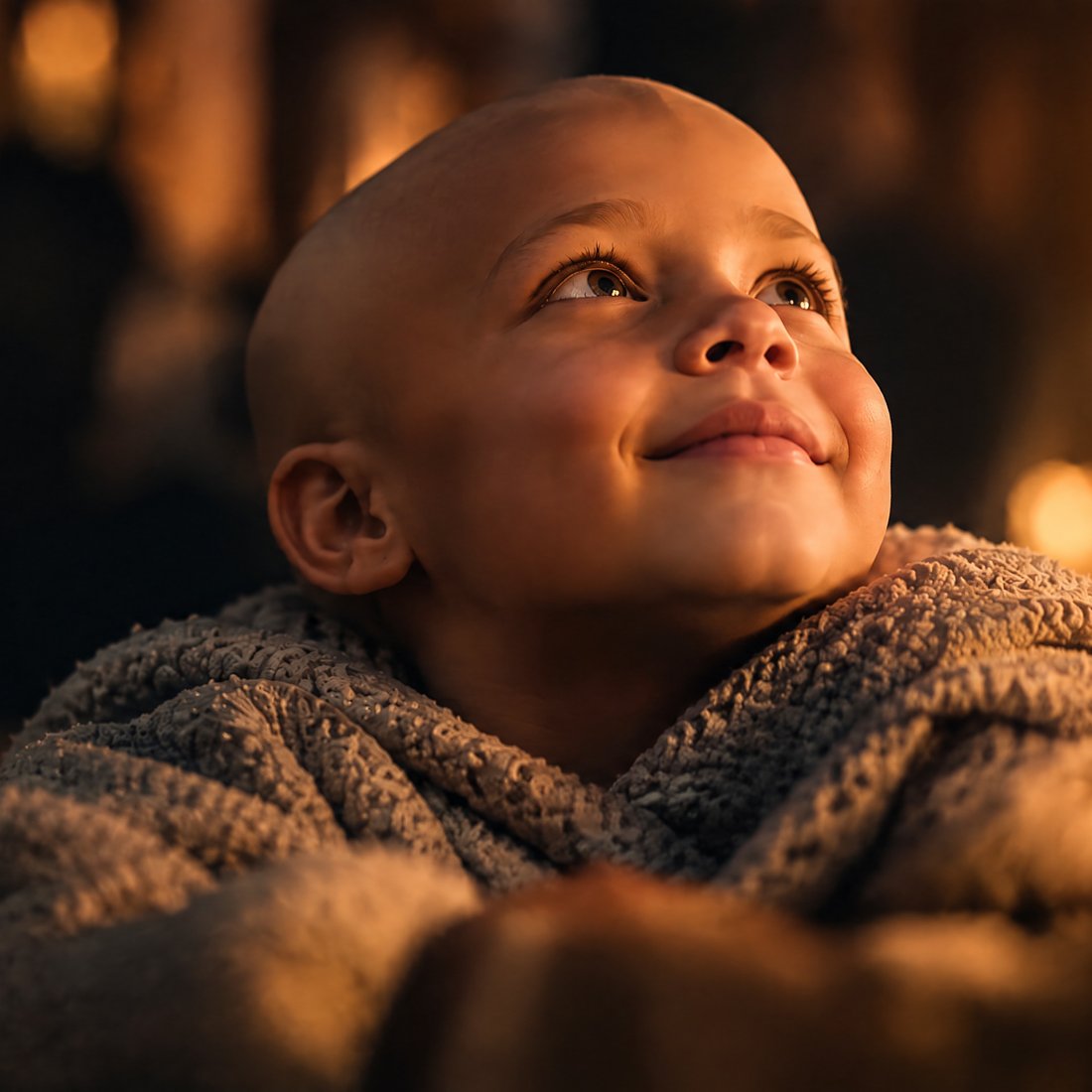 Niño en tratamiento sonriendo, iluminado por la luz de una vela